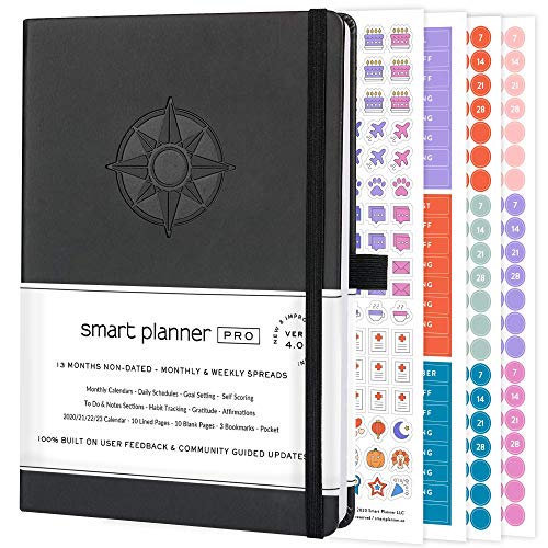Smart Planner Pro â€“ Daily Planner â€“ Tested & Proven to Achieve Goals & Increase Productivity, Time Management & Happiness with Weekly, Monthly, Gratitude Sections, Back Pocket, 2021 Undated Version, A5 (Black)