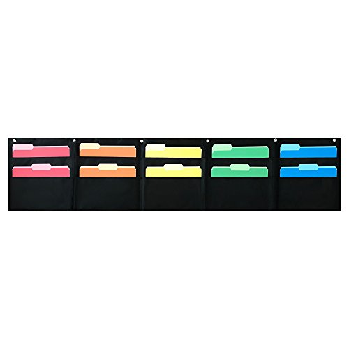 10 Pocket Horizontal Storage Pocket Chart, Hanging Wall File Organizer by Essex Wares - Organize Your Assignments, Files, Scrapbook Papers & More (Black)