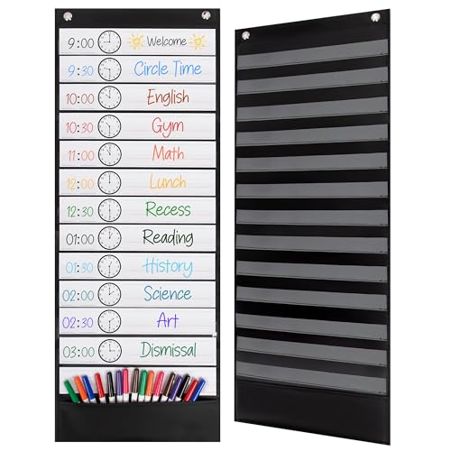 Essex Wares - 13 Pocket Daily Schedule Pocket Chart, Ultra-Durable Visual Schedule for Kids - Easy to Use, Reusable Daily Schedule for Kids - Reversible Chart for Sentence Strips