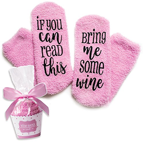 Luxury Fuzzy Wine Socks in Cupcake Gift Packaging: "If You Can Read This Bring Me Some Wine" | Novelty Fuzzy Socks for Women | Funny Accessory for Her, Present for Wife, Wine Gifts for Women