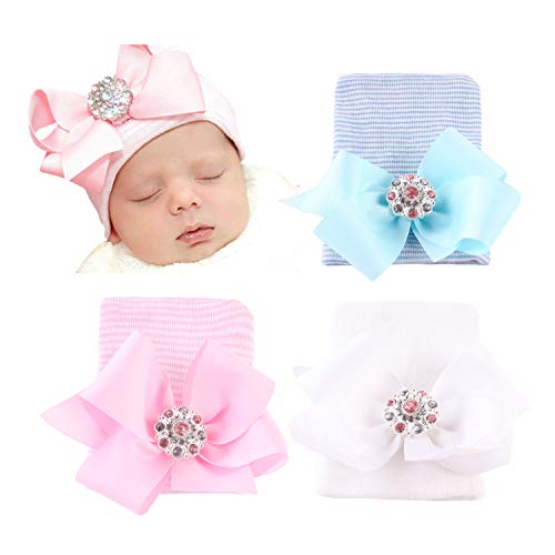 DRESHOW BQUBO Newborn Hospital Hat Infant Baby Hat Cap Big Bow Nursery Beanie 3 Pack