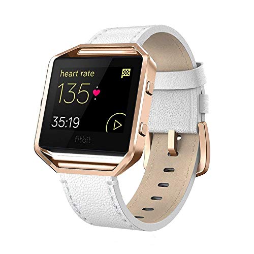 Andyou for Fitbit Blaze Bands Leather with Frame Small Large (5"-8.2"), Genuine Leather Replacement Band with Silver/Rose Gold/Black Metal Frame for Fitbit Blaze Women Men, Black, Brown, White, Gray.