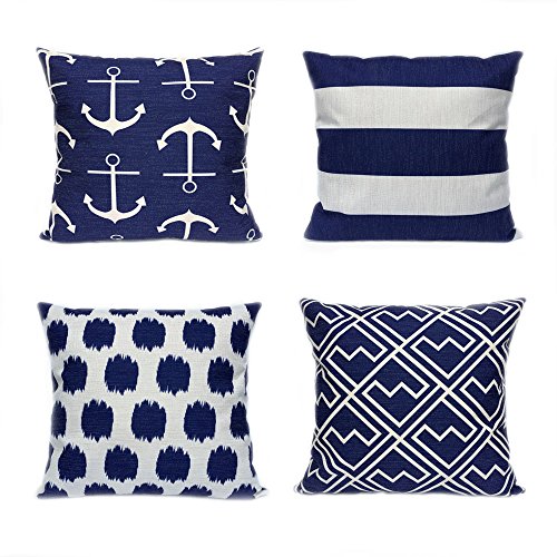 Book Cover FanHomcy 4 Pack Cushion Covers Simple Geometric Decorative Throw Pillow Cases for Sofa 18 x 18 Inch, 1x Anchors + 1x Dots + 1x Stripe + 1x Shakes (Navy Blue)