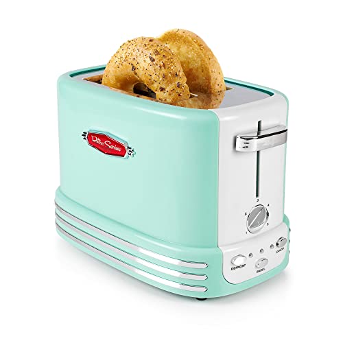 Book Cover Nostalgia New and Improved Retro Wide 2-Slice Toaster Perfect For Bread, English Muffins, Bagels, 5 Browning Levels, With Crumb Tray & Cord Storage, Turquoise