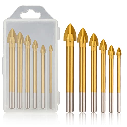 HOMEIDOL 6pcs Masonry Drill Bits, Titanium Coated Glass Drill Bits Set 4 Cutting Edges Cross Spear Head Drill for Ceramic Tile Marble Mirror and Glass, 4mm 5mm 6mm 8mm 10mm 12mm