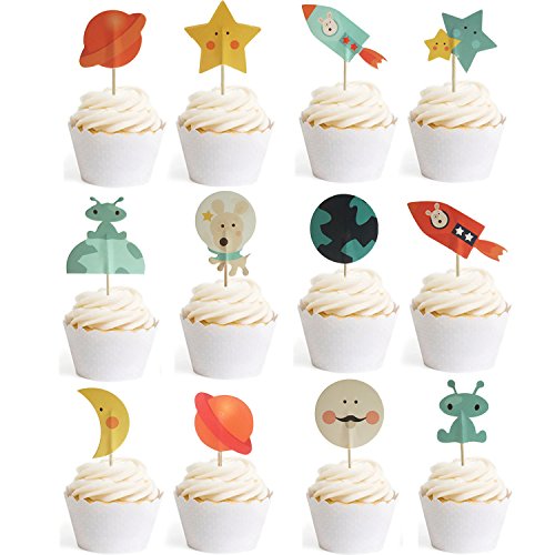 Book Cover Outer Space Dog Cupcake Toppers Rocket Themed Party Aliens Cake Decorative 24pcs Spaceship by GOCROWN