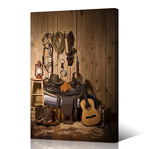 VVOVV Wall Decor American Western Cowboy Still Life on Rustic Wood Wall Art Canvas Giclee Print Hat Vintage Rope Leather Boots Guitar Lantern Pictures Artwork 24x36