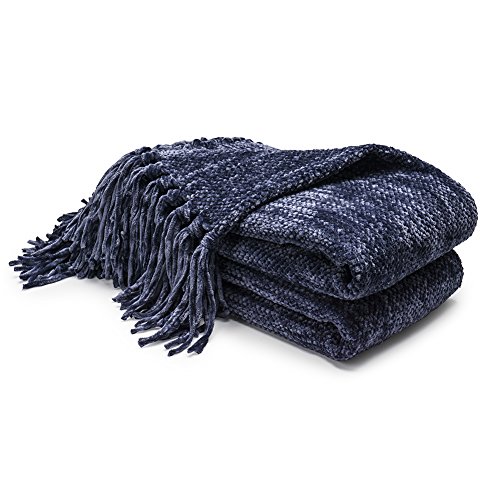 Book Cover Thick Fluffy Chenille Knitted Throw Blanket with Decorative Fringe and Striped for Couch Cover Sofa Chair Bed Gift Blue
