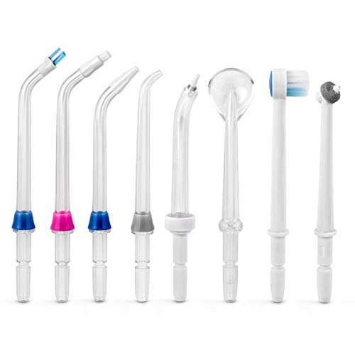 Book Cover Water Flosser Tips (8 pcs Combo Kit) Includes Classic Tip, Pocket Tip, Tongue Cleaner, Orthodontic Tip, High Pressure Tip, Mist Tip, Brush Tip