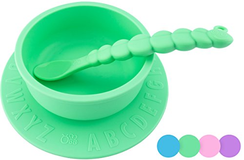 OBB Silicone Baby Bowl with Suction Cup Base and ABC Print | Includes Caterpillar Spoon (Blue)