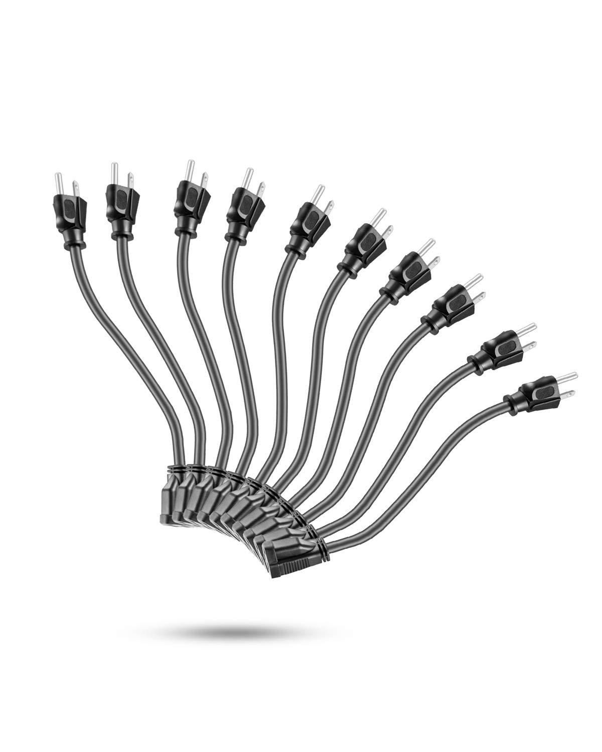KMC Power Extension Cord 10-Pack, Outlet Saver, 16AWG 3 Prong, 1-Foot Cord