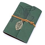 EvZ 7" Vintage Refillable Leather Journal - Professional B6 Loose-Leaf Notebook with Antique Leaf Pendant, Dark Green Retro PU Leather Cover, 160 Pages Thick Kraft Blank Paper for Writing, Sketching & Travel Gift