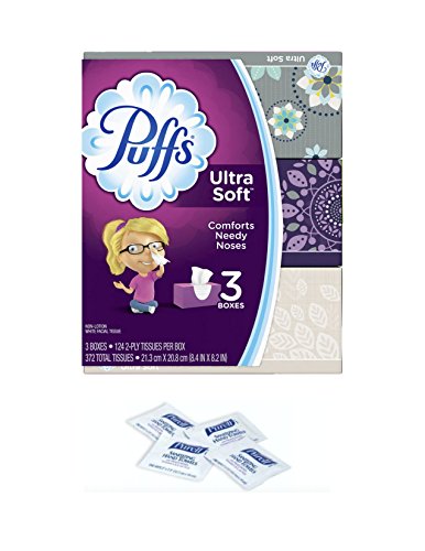 Book Cover Puffs Ultra Soft Facial Tissues, 3 Family Boxes, 124 Tissues Per Box, With Bonus of 4 Purell Hand Sanitizing Wipes