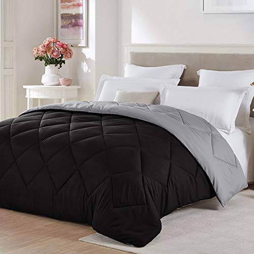 Seward Park Solid, Reversible Color Microfiber Comforter, Hypoallergenic Plush Microfiber Fill, Duvet Insert or Stand-Alone Comforter, Lightweight, King, Black/Gray