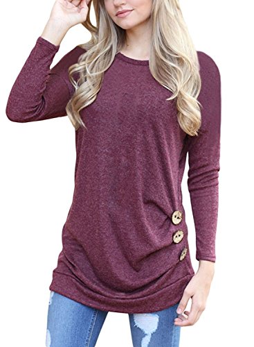 OURS Women's Soft Long Sleeve Round Neck Loose Tunic T Shirt Wine Red Blouse Tops (XXL, Wine Red)