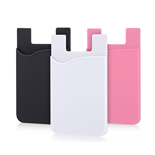Phone Card Holder, Pofesun Silicone Adhesive Stick-on ID Credit Card Wallet Phone Case Pouch Sleeve Pocket Compatible for iPhone/Android/Samsung Galaxy and Smartphones - 3 Pack(Black, White, Pink)