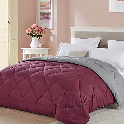 Seward Park Solid Color Reversible Comforter, Hypoallergenic Plush Microfiber Fill, Duvet Insert or Stand-Alone Spring or Summer Comforter, All Season Blanket, Lightweight, Full/Queen, Burgundy/Gray