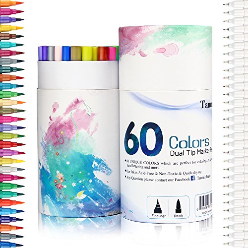TANMIT 60 Colors Calligraphy Brush Marker Pens Dual Tip Pastel Colored Bullet Journal Pen Fine Point 0.4 Blending Markers for Beginners, Art Supplies, Bible Journaling, Adult Kids Coloring Books
