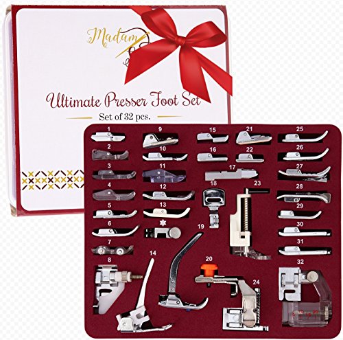 MadamSew Presser Foot Set 32 PCS - The ONLY One with Manual, DVD and Deluxe Storage Case with Numbered Slots for Easy and Neat Organization