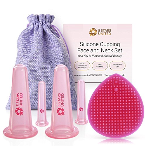Silicone Facial Cupping Therapy Set - Eye and Face Vacuum Massage Cup Kit. 4 Cups + Free Exfoliating Brush. Anti-Wrinkle and Anti-Aging Effect. 100% Hygienic