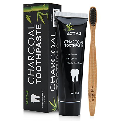 Book Cover Activ-8 Activated Charcoal Toothpaste (100g) and Bamboo Toothbrush Teeth Whitening Kit. Eliminates bad breath, Prevents tooth decay, Removes smoke and coffee stains, Vegan, Fluoride Free, Mint Flavour