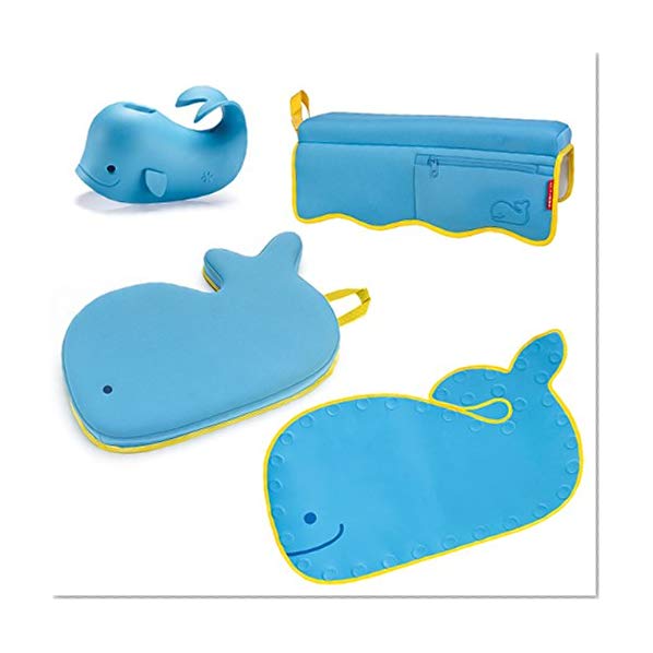 Skip Hop Moby Baby Bath Set, Four Bathtime Essentials - Spout Cover, Bath Kneeler, Elbow Pad, And Bath Mat, Blue