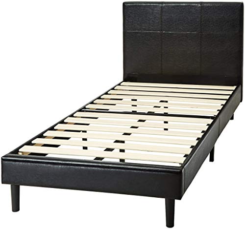 Book Cover AmazonBasics Faux Leather Upholstered Platform Bed Frame with Wooden Slats, Twin