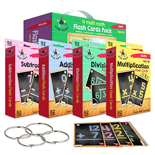 Book Cover Star Right Math Flash Cards Set of 4 - Addition, Subtraction, Division, & Multiplication Flash Cards - 4 Rings - 208 Math Flash Cards - Ages 6 & Up - Kindergarten, 1st, 2nd, 3rd, 4th, 5th & 6th Grade