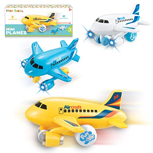 Book Cover KIDSTHRILL Kids Airplane Toy for Boys & Girls. Set of Three Toy Airplanes with Flashing Lights, Music & Airplane Sound, Push and Go Toy Plane Gift Toys for Toddler Boys for Ages 2-12
