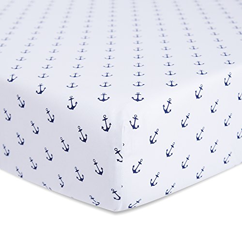 TILLYOU Cotton Collection Woven Fitted Crib Sheet for Baby Boys or Girls, Breathable Soft Natural Sheet for Standard Toddler Bed Mattress, Durable Elastic and Deep Pocket, 28"x52"x8", Nautical Anchors