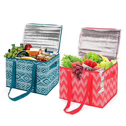 MaidMAX 2 Pack Insulated Reusable Grocery Bag with Zippered Top for Hot and Cold Food Transport, Delivery, Picnic or Camping, travel, washable, Collapsible, Red, Blue