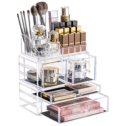 DreamGenius Makeup Organizer 3 Pieces Acrylic Cosmetic Storage Drawers Organizer for Vanity and Bathroom, Stackable Cosmetic Organizer Countertop with 4 Drawers