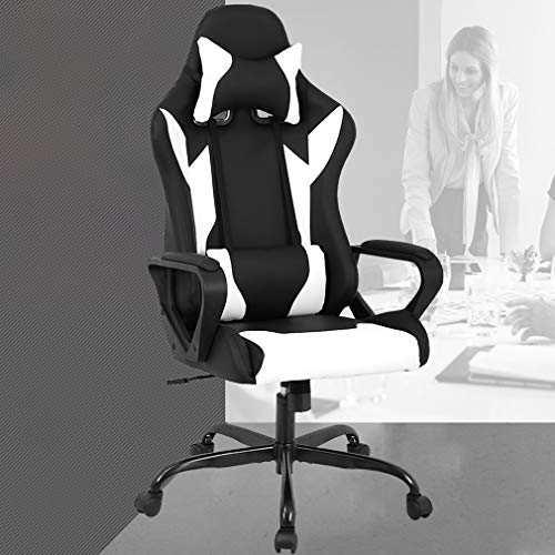 PC Gaming Chair Office Chair Desk Chair with Lumbar Support Arms Headrest High Back PU Leather Racing Chair Rolling Swivel Executive Computer Chair for Women Adults Girls,White