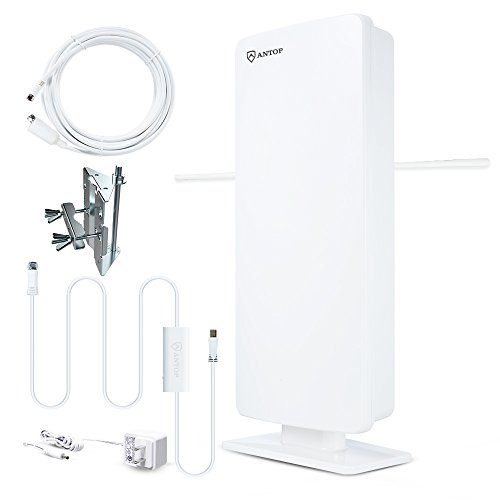 Outdoor HDTV Antenna-Antop 400-BV Flat Panel Amplified Antenna with Noise-Free 4G Filter for VHF Enhanced, 70 Miles Multi-Directional Reception Range, 39ft Detachable Coaxial Cable, Waterproof