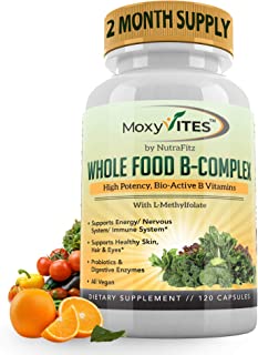 NutraFitz Naturals B Complex Vitamins - B Vitamins Whole Food Supplement, B12 Methylcobalamin, B1, B2, B3, B5, B6, B7, B9 - For Stress, Energy and Immune Support, Vegan, 120 Capsules