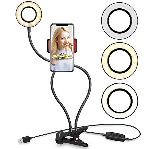 Book Cover UBeesize Selfie Ring Light with Cell Phone Holder Stand for Live Stream/Makeup, LED Camera Lighting [3-Light Mode] [10-Level Brightness] with Flexible Arms Compatible with iPhone 8 7 6 Plus X Android