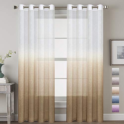 H.VERSAILTEX Ombre Semi Sheer Curtain Faux Linen Drapes with Tie-Back for Living Room, Nickel Grommet Top, 52 W X 84 L, Set of 2, Latte