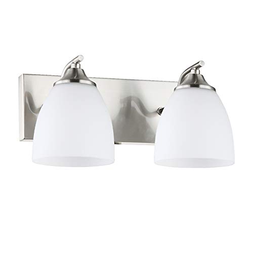 OSTWIN 2 Light Vanity Lighting Fixture for Bathroom, Bedroom, Makeup Dressing Table, Wall Mounted Interior Light, Over Mirror Modern Wall Sconce, Opal Glass Shade, Satin Nickel Finish, UL Listed