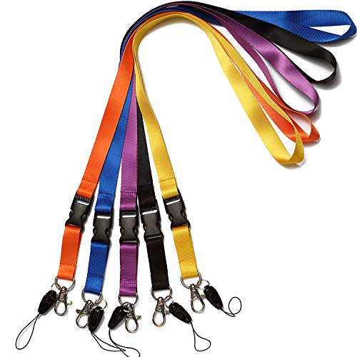 YOUOWO 5 Pack Office Neck Lanyards Detachable Buckle Enhanced Model Hook breakaway Strap lanyard for ID Badge,Key,women men Phones USB Whistles Nylon Black,blue,yellow,orange,purple