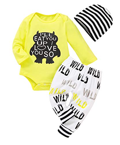 Book Cover 3Pcs Baby Boy Clothes Wild Monster Cartoon Letter Print Bodysuit Cotton Romper Pants+Hat Outfits Set
