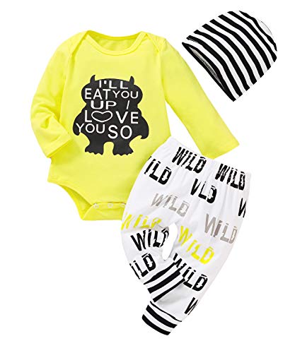 3Pcs Baby Boy Clothes Wild Monster Cartoon Letter Print Bodysuit Cotton Romper Pants+Hat Outfits Set