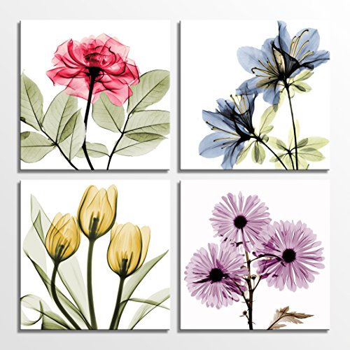 HLJ Tulip Rose Wall Art Painting in Golden Red Vivid Flower Home Wall Floral Canvas Print in 4 Panels (Colorful, 12x12inchesx4pcs (30x30cmx4pcs))
