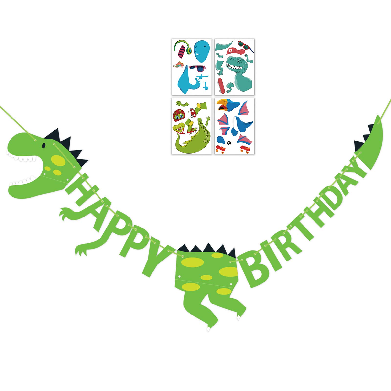 Book Cover Dinosaur Happy Birthday Banner + Make-a-dinosaur Sticker Set - Dino Jungle Jurassic Garland Party Supplies Decorations (Green)