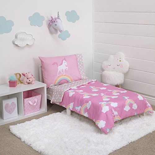 Book Cover Everything Kids Little Tikes Rainbow Unicorn 4 Piece Toddler Bedding Set, Pink