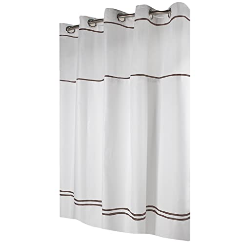 Book Cover Hookless Monterey Fabric Shower Curtain Set with Fabric Snap-in Liner and Window, No Hooks Required, 71 x 74, White/Brown Color