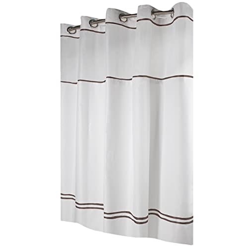 Hookless Monterey Fabric Shower Curtain Set with Fabric Snap-in Liner and Window, No Hooks Required, 71 x 74, White/Brown Color