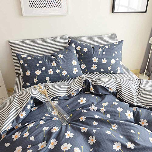 Book Cover HIGHBUY Floral Duvet Cover Kids Girls Shabby Chic Bedding Duvet Cover Set Twin Cotton Striped Reversible Stripe Pattern Navy Blue Teens Boys Bedding Sets Twin Single Bed Comforter Covers