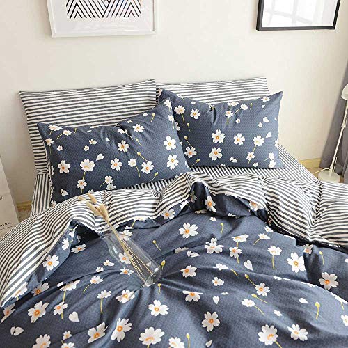 HIGHBUY Floral Duvet Cover Kids Girls Shabby Chic Bedding Duvet Cover Set Twin Cotton Striped Reversible Stripe Pattern Navy Blue Teens Boys Bedding Sets Twin Single Bed Comforter Covers