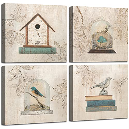 Retro Birds Canvas Prints Wall Art Pictures Abstract Animals Paintings Artworks for Living Room Bedroom Office Decoration, 12x12 inch, 4 pieces, Framed