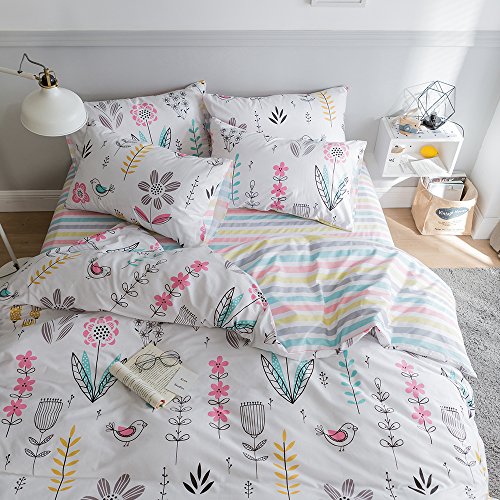 Book Cover HIGHBUY Kids Duvet Cover Twin Floral Bedding Sets Cotton Comforter Cover Garden Bedding Sets 3 Piece for Boys Girls Reversible Striped Bedroom Collections Twin,Style03